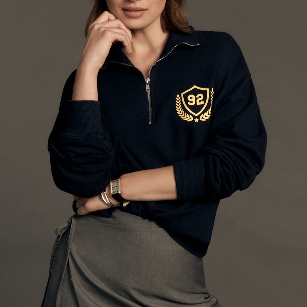 Anthropologie Navy Sweatshirt with Gold Emblem